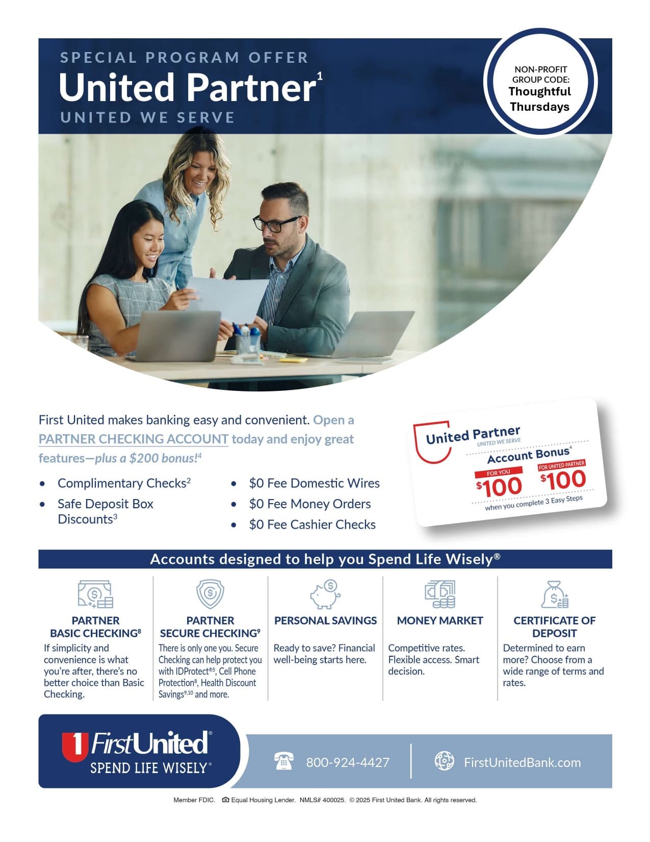 First United Bank United We Serve program flyer